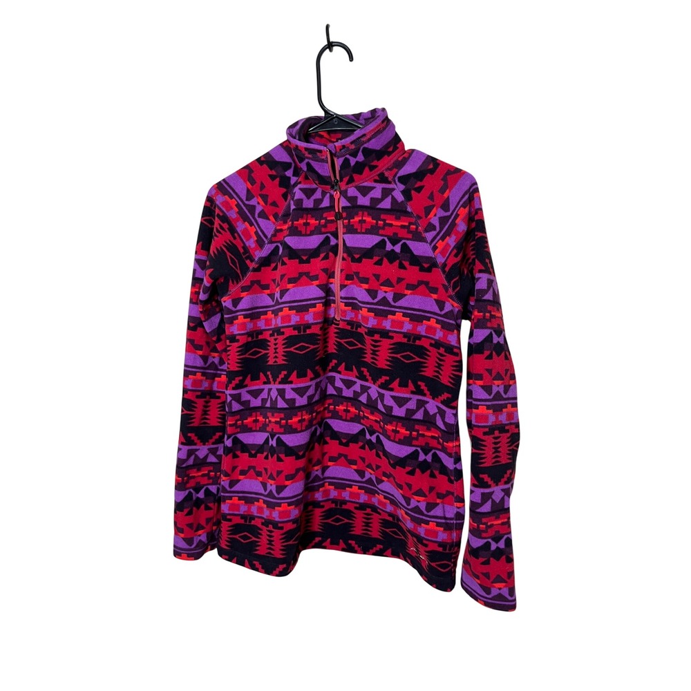 Eddie Bauer Womens Medium Fleece‎ 1/4 Zip Pullover Aztec Geometric Red Purple